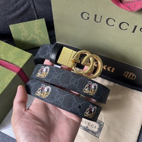 Gucci, ширина 3,0 см, новый двусторонний кожаный ремень с принтом