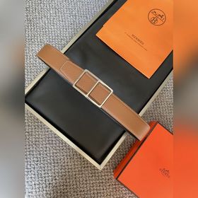 Двусторонний пояс Hermès Box/Togo из телячьей кожи с палевой пряж