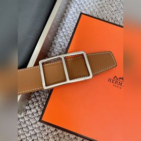 Двусторонний пояс Hermès Box/Togo из телячьей кожи с палевой пряж