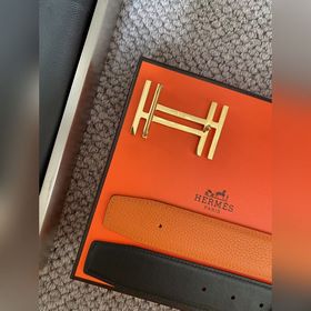 Двусторонний пояс Hermès Box/Togo из телячьей кожи с палевой пряж
