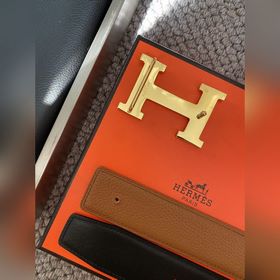Двусторонний пояс Hermès Box/Togo из телячьей кожи с палевой пряж