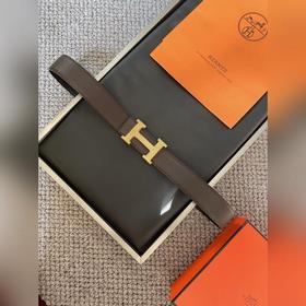 Двусторонний пояс Hermès Box/Togo из телячьей кожи с палевой пряж