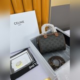 CELINE | Бостонская сумка из кожи с небольшим логотипом TRIOMHE CANVAS с логотип