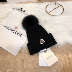 MONCLER вязаная шапка из шерсти, высокая версия с меховым помпоно