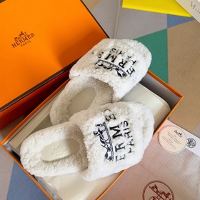 Hermes Новая модель Теди с вышивкой, меховые тапочки H Оригинальн