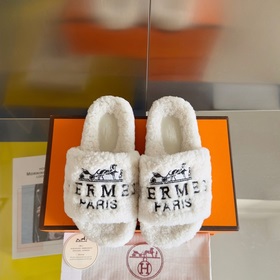 Hermes Новая модель Теди с вышивкой, меховые тапочки H Оригинальн