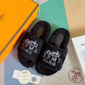 Hermes Новая модель Теди с вышивкой, меховые тапочки H Оригинальн