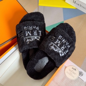 Hermes Новая модель Теди с вышивкой, меховые тапочки H Оригинальн