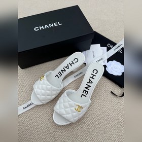Ранние весенние тапочки Chanel 2024A с большим логотипом виде дву