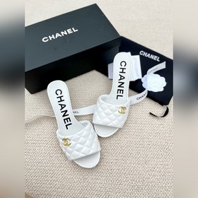 Ранние весенние тапочки Chanel 2024A с большим логотипом виде дву