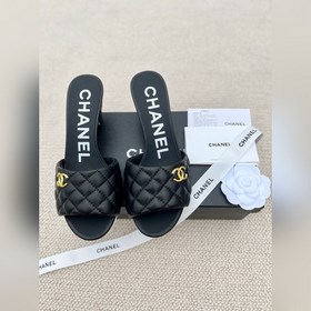 Ранние весенние тапочки Chanel 2024A с большим логотипом виде дву