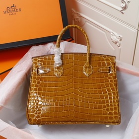 (Оригинальный фон) H Birkin Гладкая кожа крокодила CK67 Vert Fonc