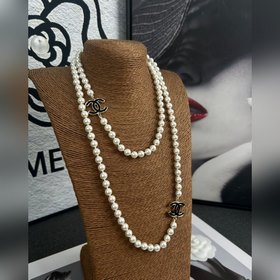 Chanel Черный эмалевый двойной C жемчужный цепочка для свитера