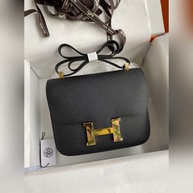 Канкан, большой, 24 см, импортная кожа Epsom, черный, золотая зас