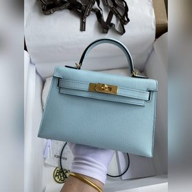 Mini Kelly второго поколения, 19 см, импортная кожа Epsom, голубо