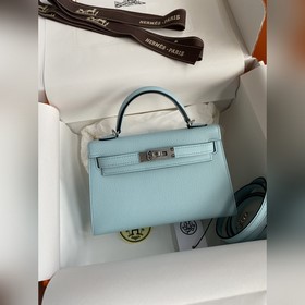 Mini Kelly второго поколения, 19 см, импортная кожа Epsom, голубо