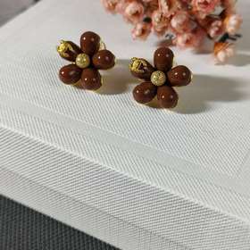 Chanel Double C Engraved Tea Crystal Camellia Letter Stud Earring