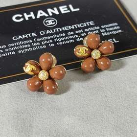 Chanel Double C Engraved Tea Crystal Camellia Letter Stud Earring
