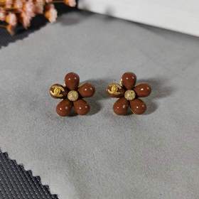 Chanel Double C Engraved Tea Crystal Camellia Letter Stud Earring