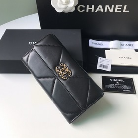 CHANEL Длинный кошелек с большим клапаном, черный, с золотым покр