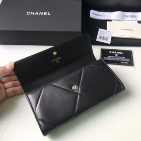 CHANEL Длинный кошелек с большим клапаном, черный, с золотым покр