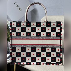 Сумка для покупок Dior book tote Черно-белая клетка сердечками А