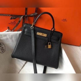 Hermès Kelly 25, 28 сумка через плечо, черная с золотыми серебрян