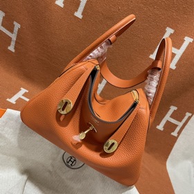 Сумка Hermes Lindy, импортная кожа TC, оранжевая с золотыми сереб