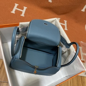 Сумка Hermes Lindy, импортная кожа TC, джинсовый синий с золотыми