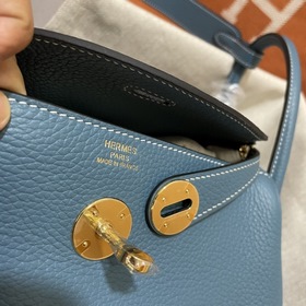 Сумка Hermes Lindy, импортная кожа TC, джинсовый синий с золотыми
