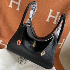Сумка Hermes Lindy, импортная кожа TC, черная с золотыми серебрян