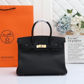 Сумка Hermes Birkin, сшитая вручную вощеной нитью, черная, с золо