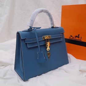 Сумка Hermes Kelly через плечо, кожа цвета джинсового синего с зо