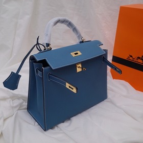Сумка Hermes Kelly через плечо, кожа цвета джинсового синего с зо