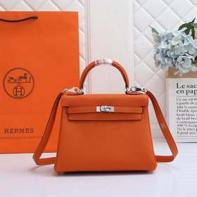 Сумка Hermes Kelly через плечо, оранжевая с золотыми серебряными