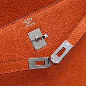 Сумка Hermes Kelly через плечо, оранжевая с золотыми серебряными 