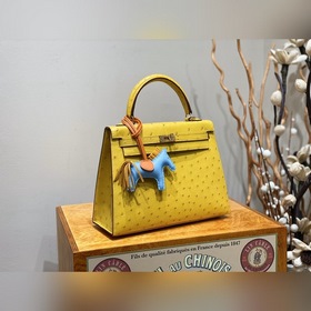 Сумка Hermes Kelly из южноафриканской кожи страуса, янтарно-желто