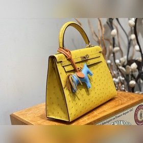Сумка Hermes Kelly из южноафриканской кожи страуса, янтарно-желто