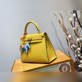 Сумка Hermes Kelly из южноафриканской кожи страуса, янтарно-желто