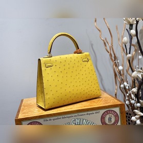 Сумка Hermes Kelly из южноафриканской кожи страуса, янтарно-желто