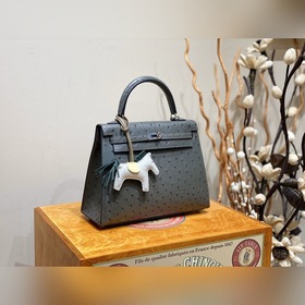 Сумка Hermes Kelly из кожи страуса южноафриканского, серый, сереб