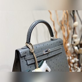 Сумка Hermes Kelly из кожи страуса южноафриканского, серый, сереб