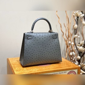 Сумка Hermes Kelly из кожи страуса южноафриканского, серый, сереб