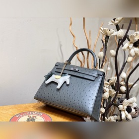 Сумка Hermes Kelly из кожи страуса южноафриканского, серый, сереб