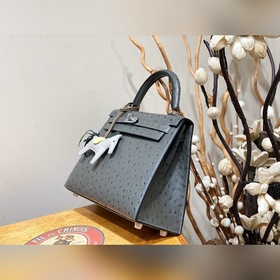 Сумка Hermes Kelly из кожи страуса южноафриканского, серый, сереб