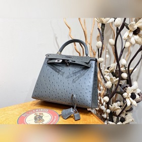 Сумка Hermes Kelly из кожи страуса южноафриканского, серый, сереб