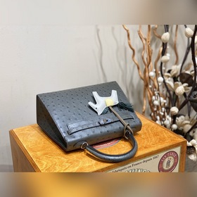 Сумка Hermes Kelly из кожи страуса южноафриканского, серый, сереб