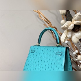 Hermès Kelly сумка из южноафриканской кожи страуса, мятно-зеленая