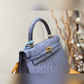 Hermès Kelly сумка из южноафриканской кожи страуса, нефрит-синий,