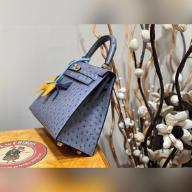 Hermès Kelly сумка из южноафриканской кожи страуса, нефрит-синий,